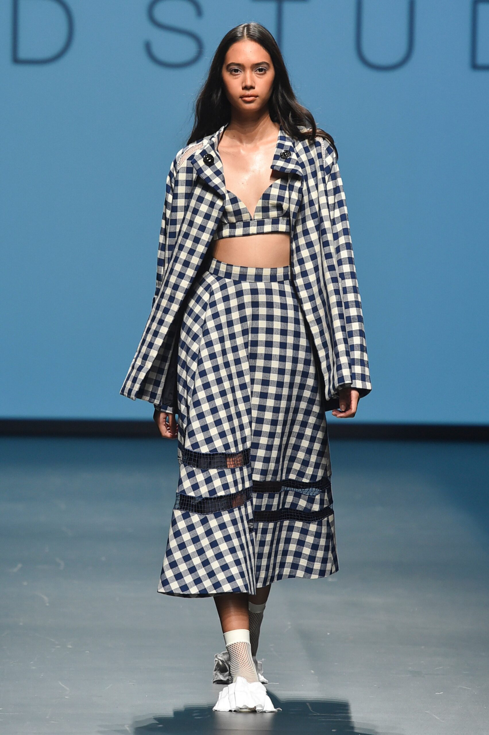 blue and white checked blazer and skirt