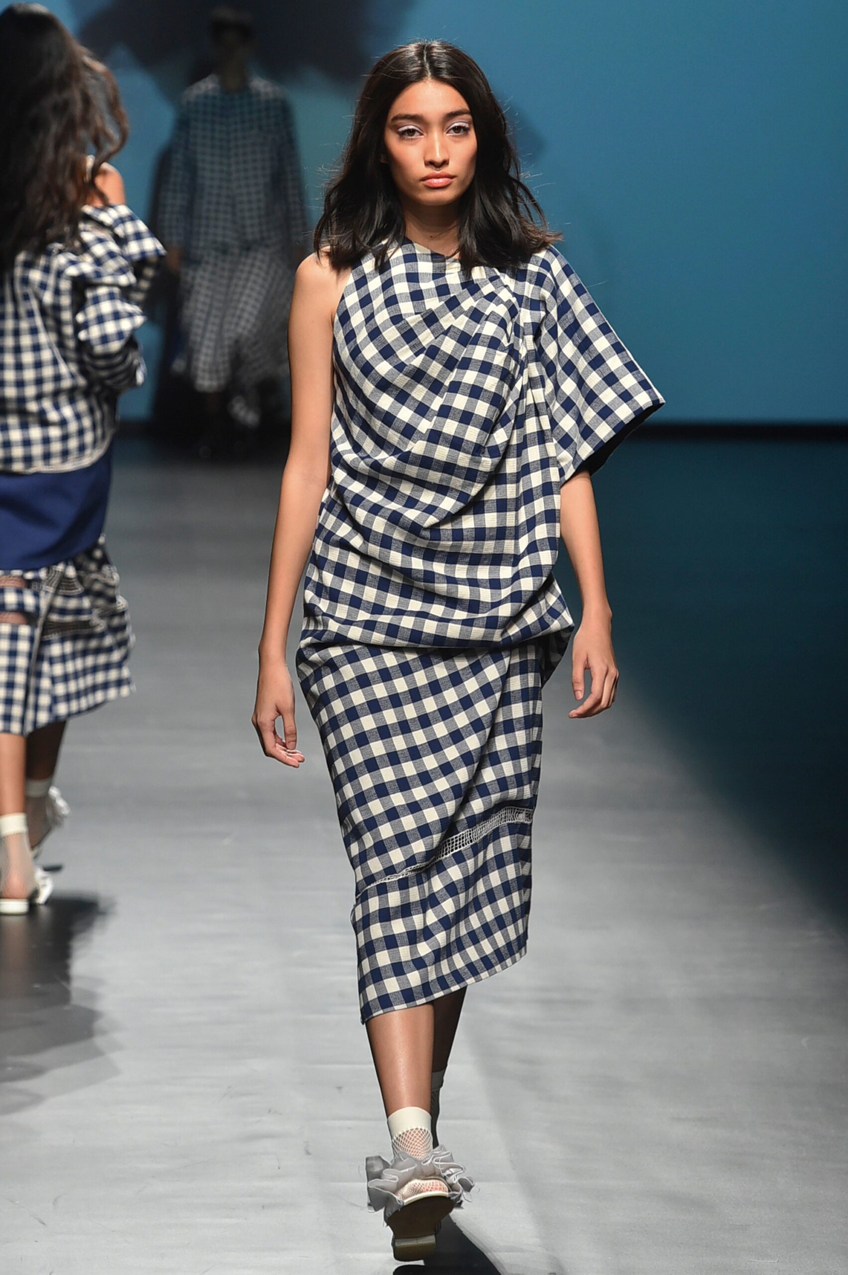 blue and white checked dress
