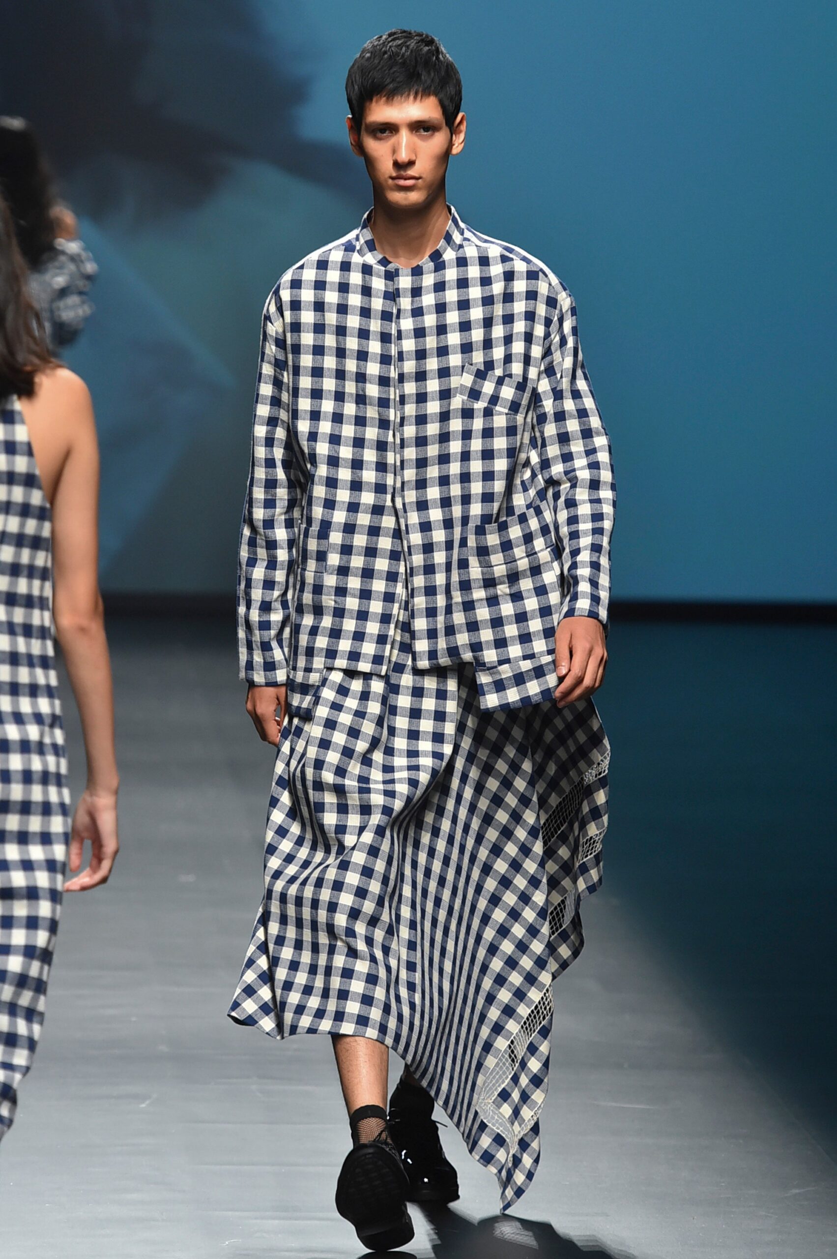 blue and white checked shirt and skirt