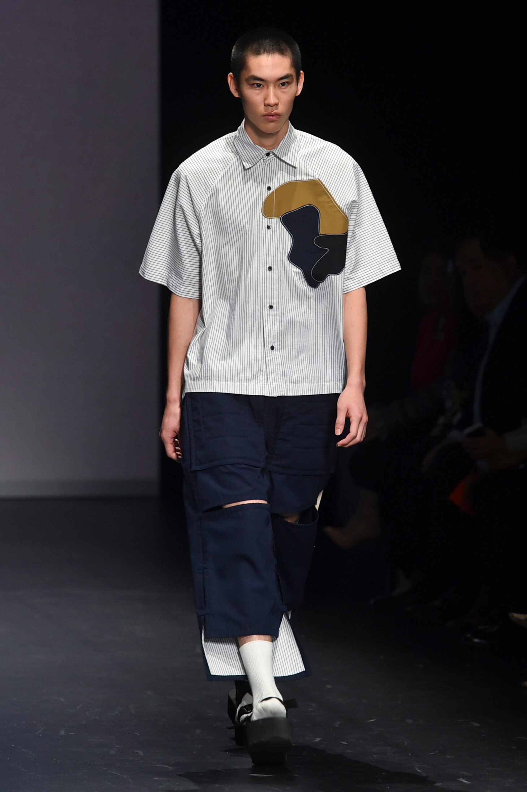 relaxed white and blue shirt with cargo pants