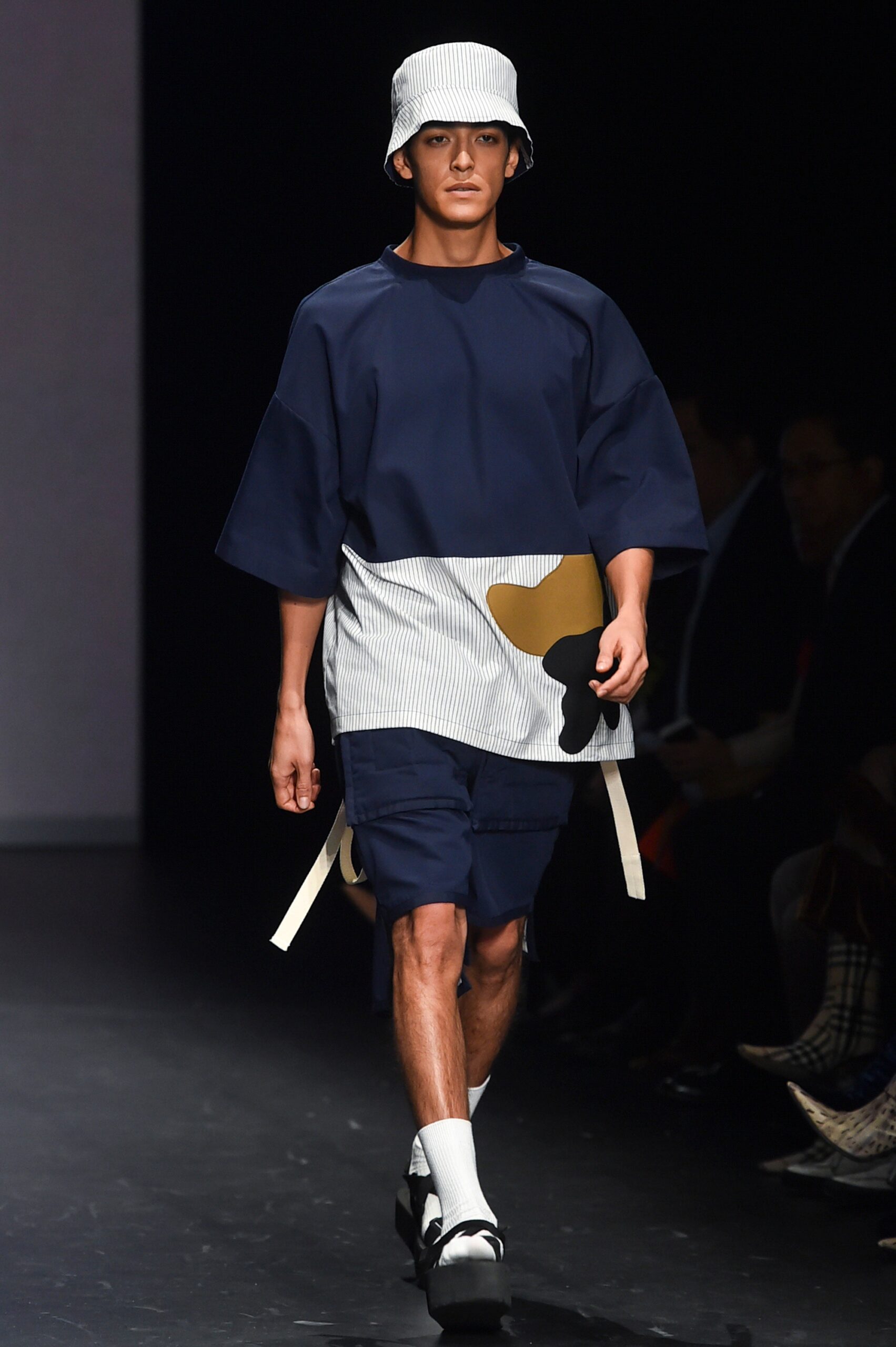 blue and white color-blocked top