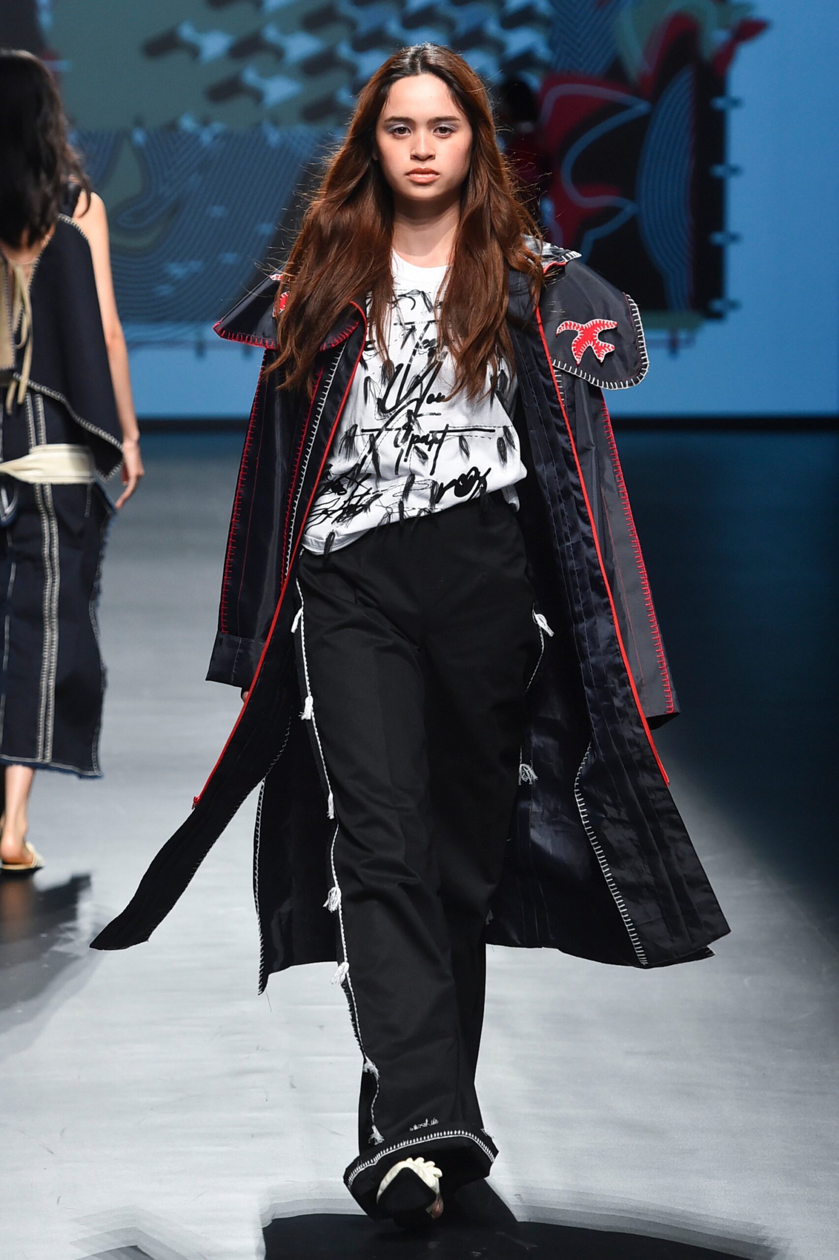 black coat with red accents