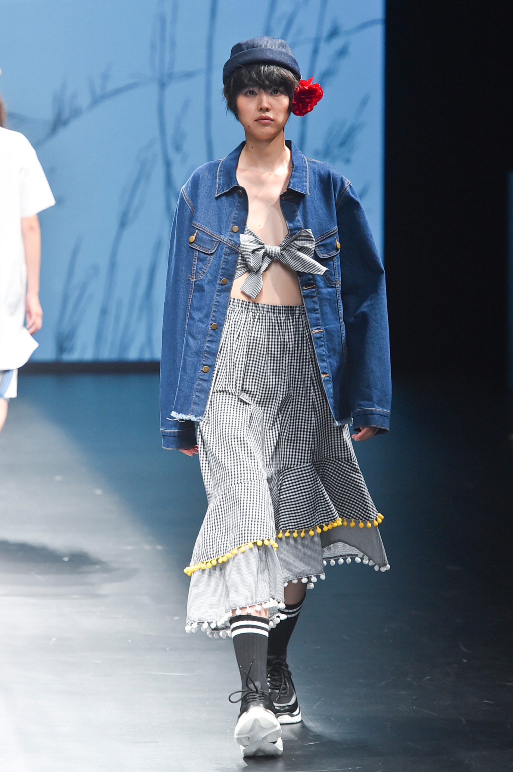 denim jacket gray top checked skirt