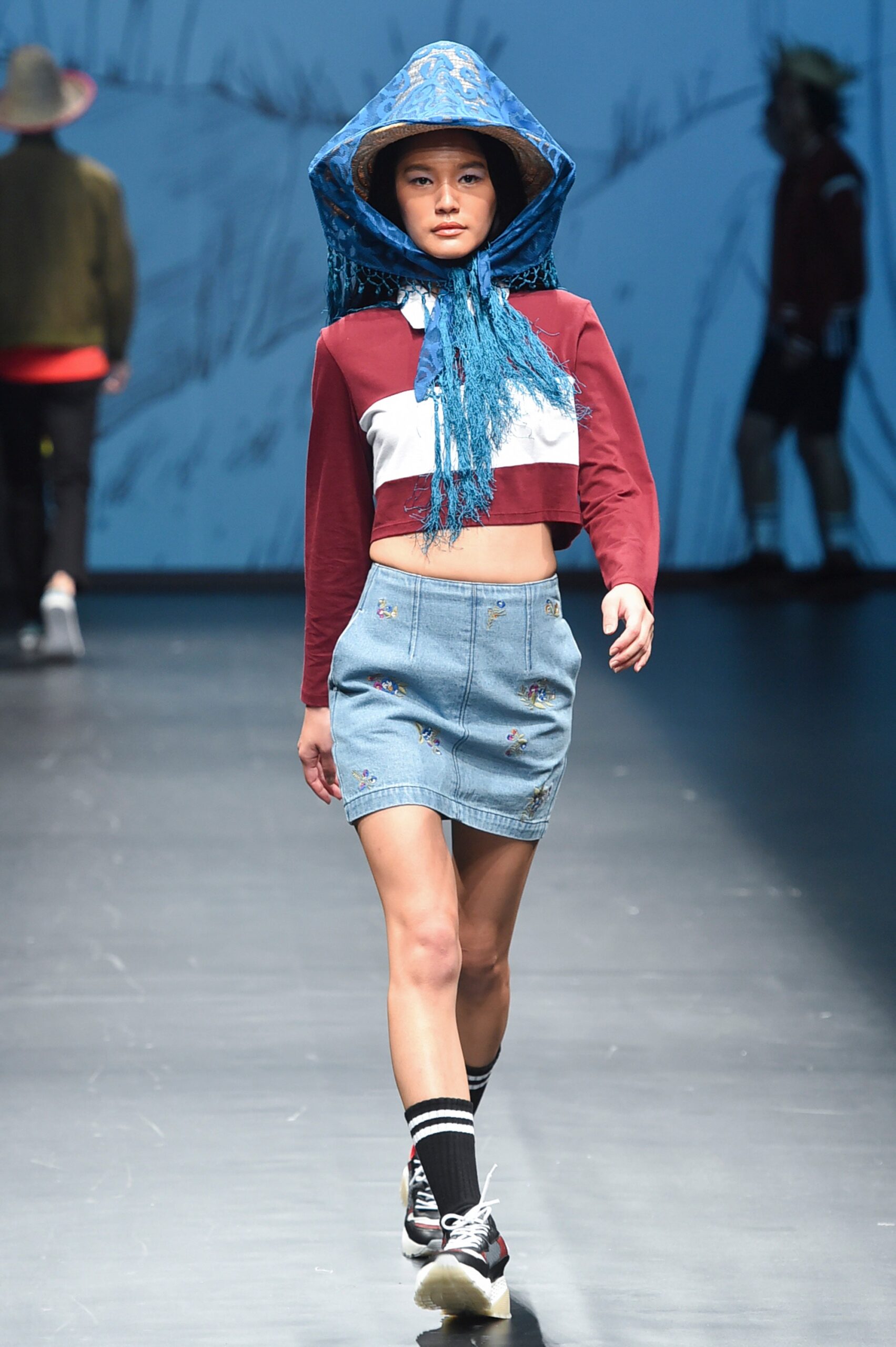 color-blocked fitted top and denim skirt