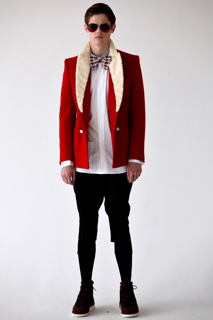 red tailored blazer with white shirt