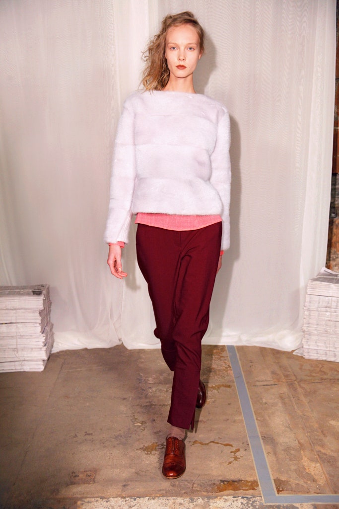 white fur long-sleeve fitted layered textured sweater