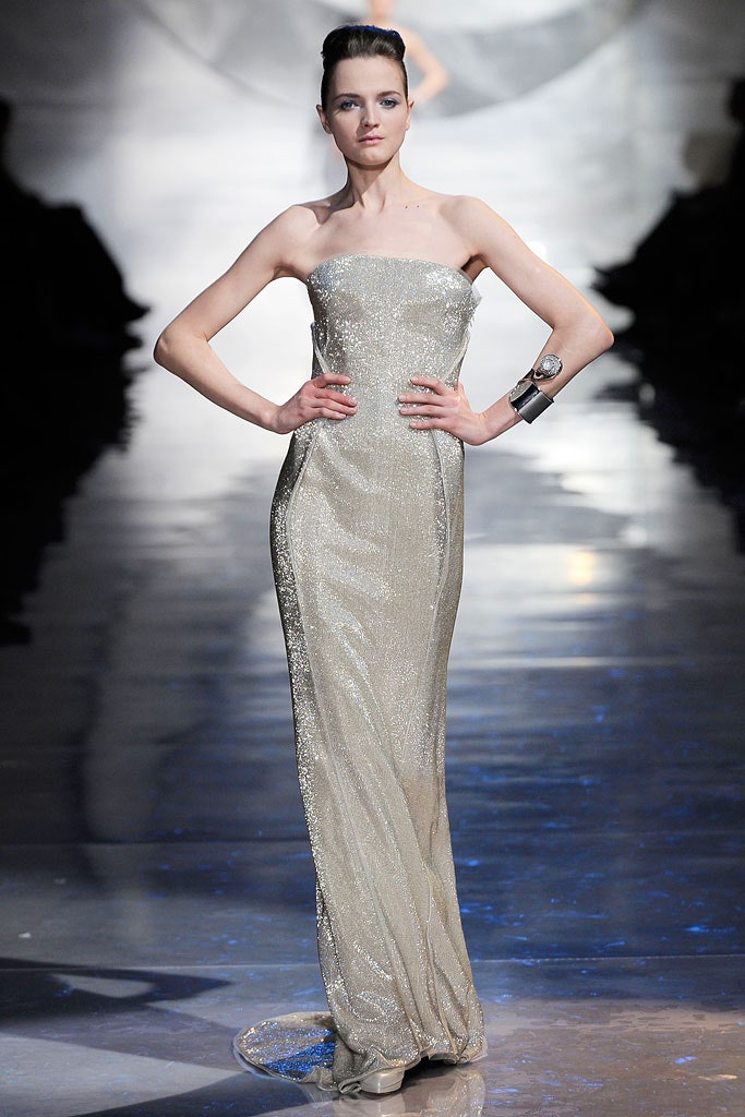 gold silk strapless gown