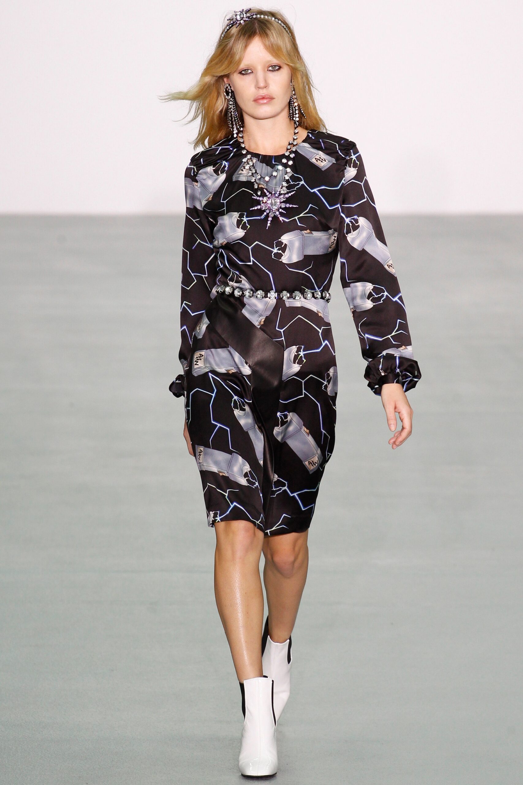 black printed midi dress with white boots