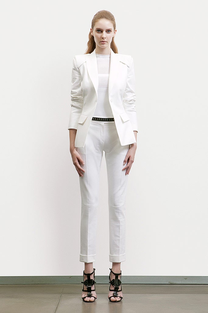 white tailored blazer with slim pants