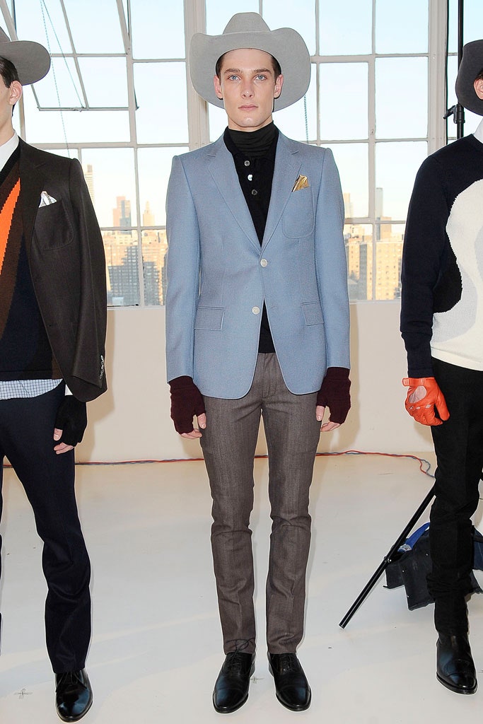 blue tailored blazer with black turtleneck