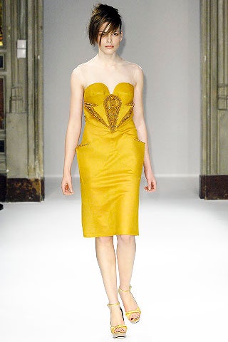 fitted strapless yellow dress