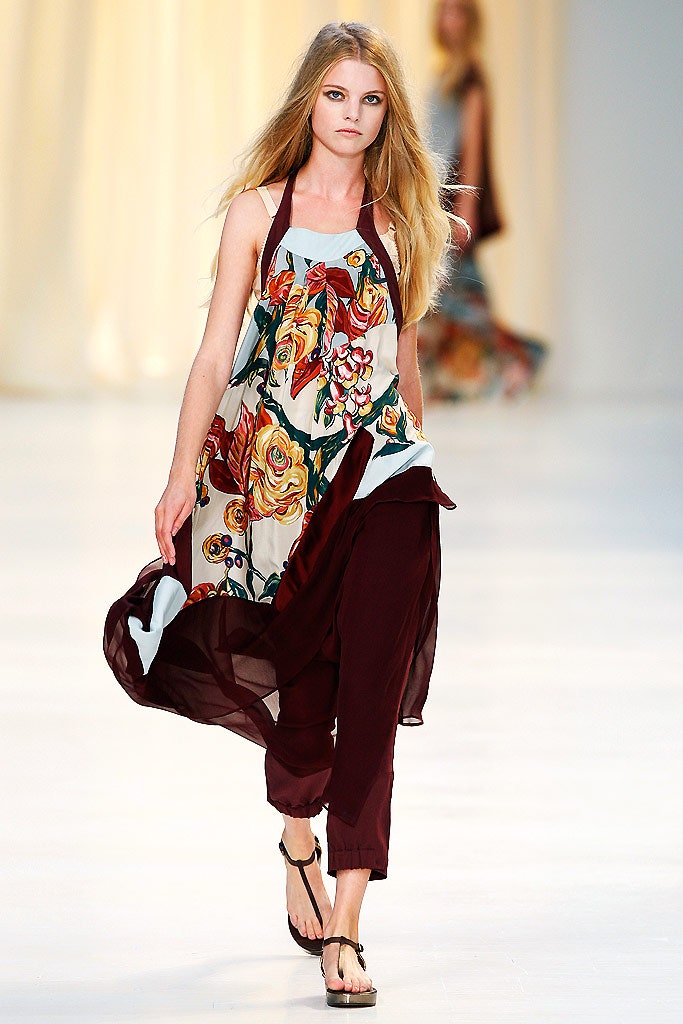 multi-colored flowing dress with brown pants