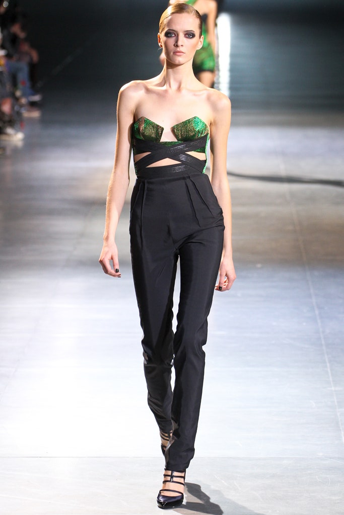 green silk strapless cutout fitted embellished bustier