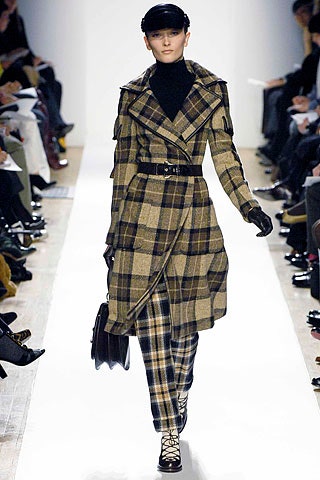 brown wool long-sleeve collared fitted checked belted coat