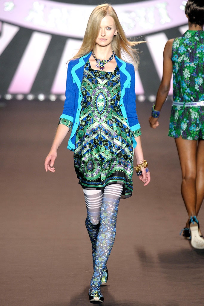 green printed mini dress with blue jacket