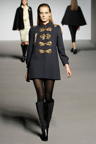 black wool long-sleeve collared fitted buttoned embellished coat