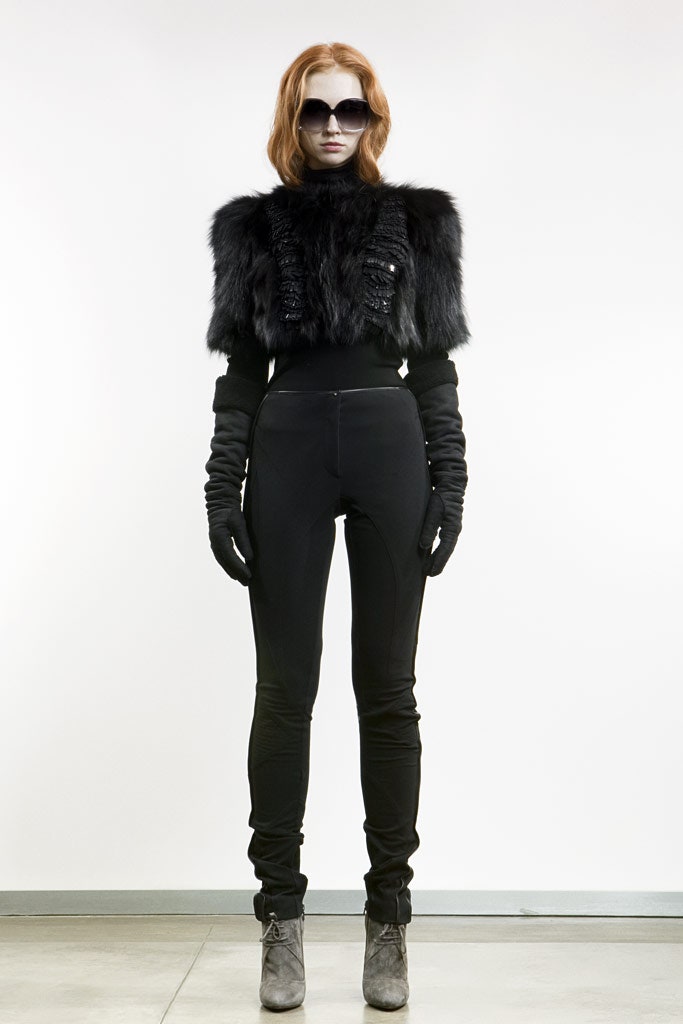 black faux-fur top with fitted pants