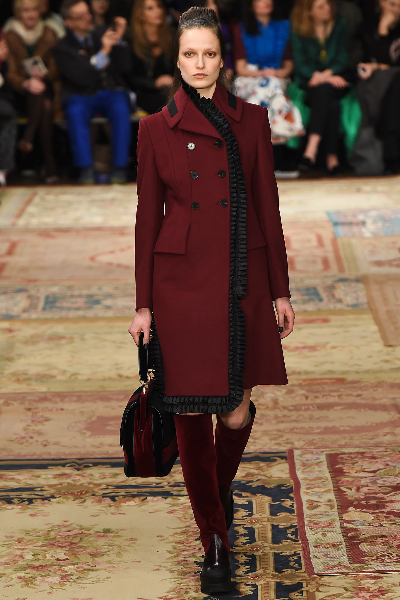 red wool long-sleeve collared fitted ruffled coat