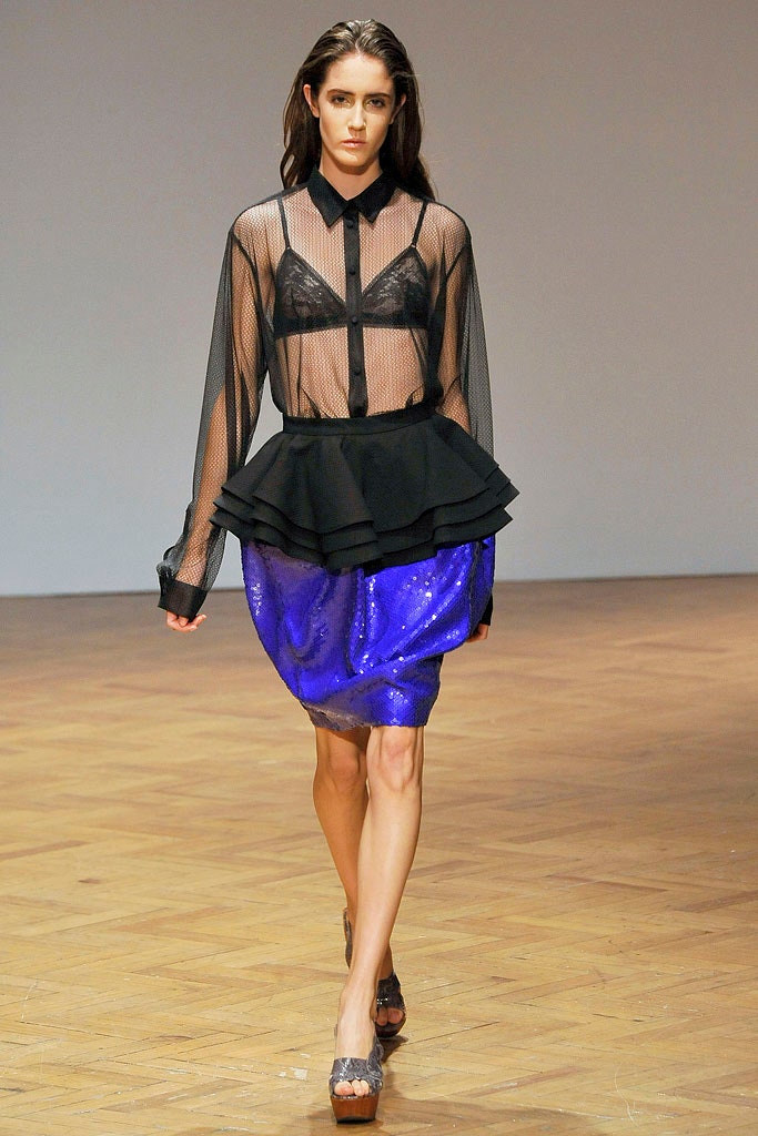 black mesh blouse with blue skirt
