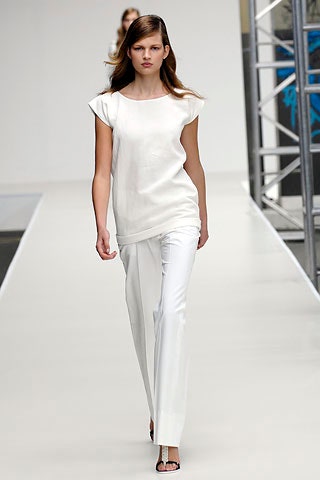 white silk top and tailored pants