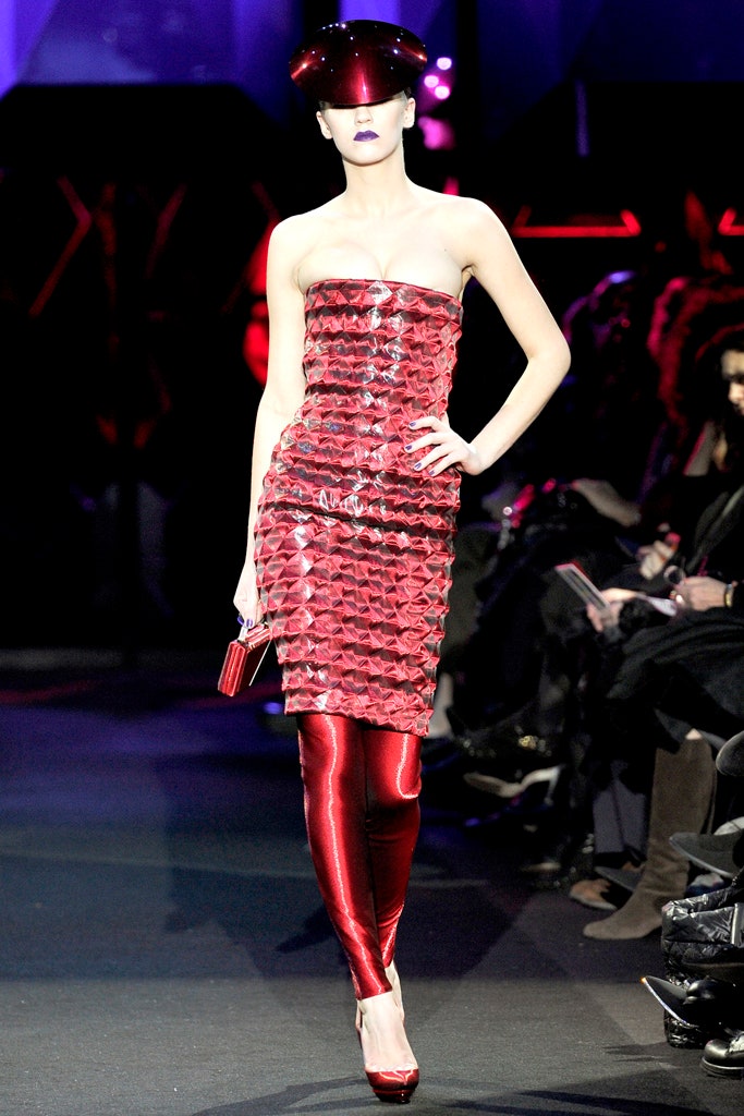 red vinyl strapless fitted pleated shiny mini dress
