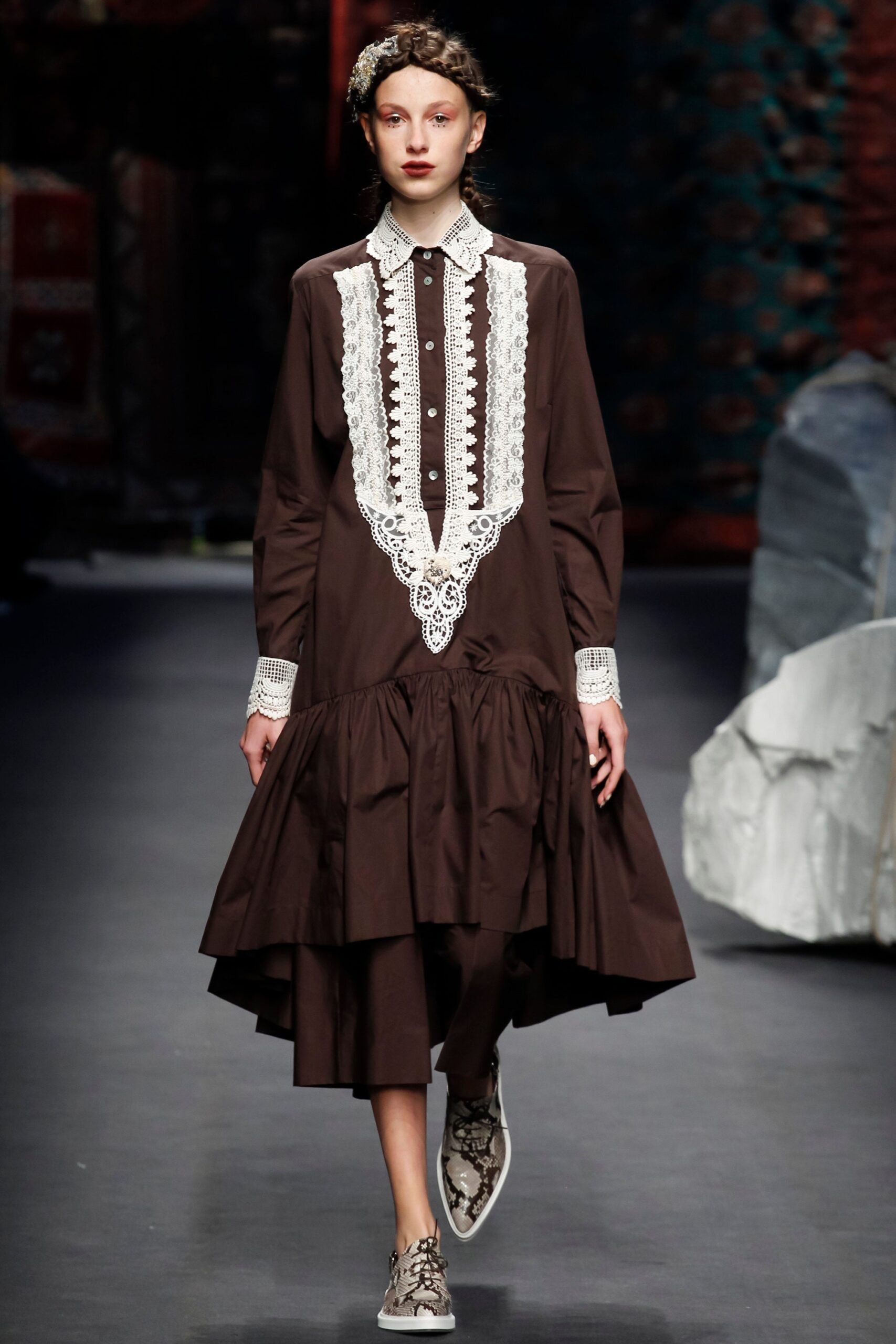 brown cotton long-sleeve collared relaxed ruffled embroidered dress