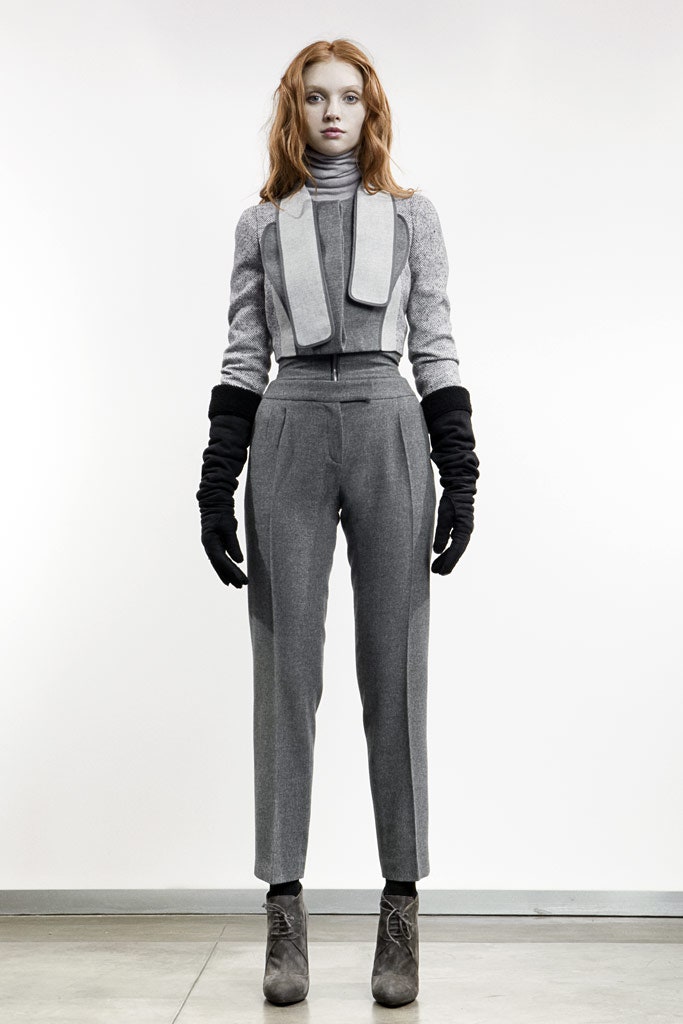 gray wool fitted top and tailored pants