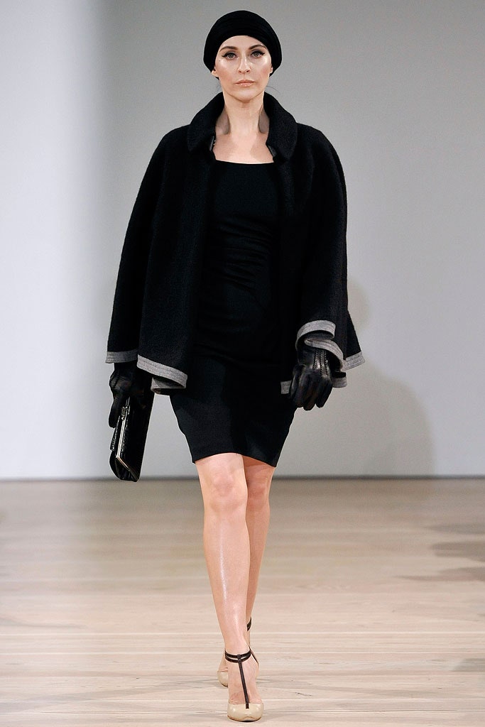 black wool coat and fitted dress