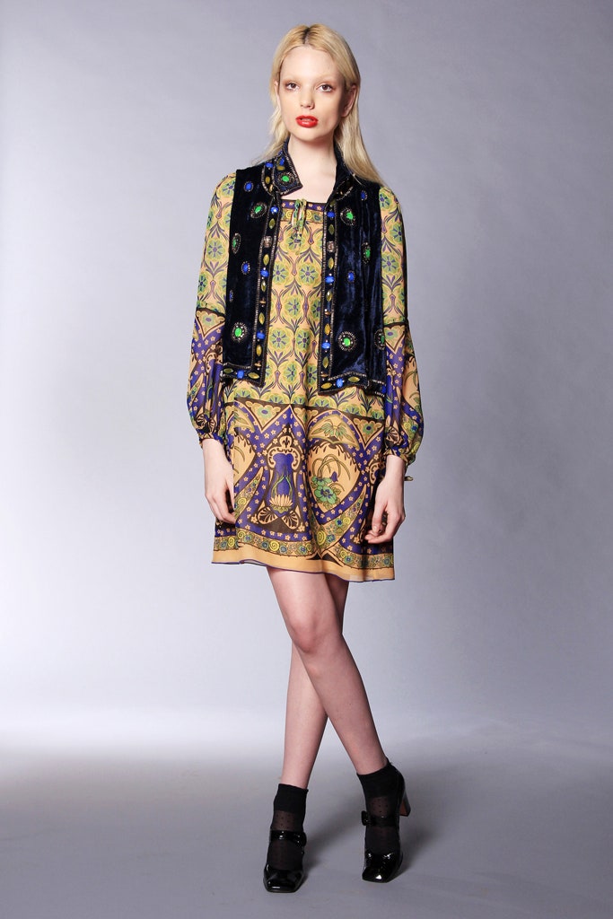 yellow silk long-sleeve collared fitted printed mini dress