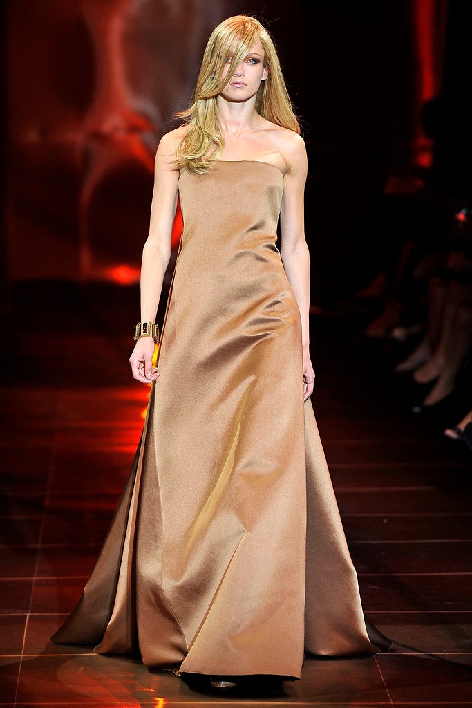 brown silk strapless gown