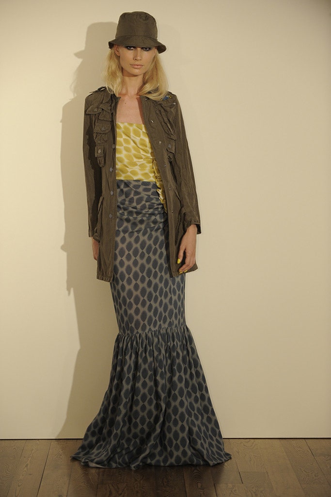 brown jacket yellow top blue skirt