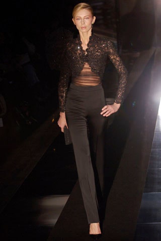 black lace long-sleeve collared fitted embroidered sheer top