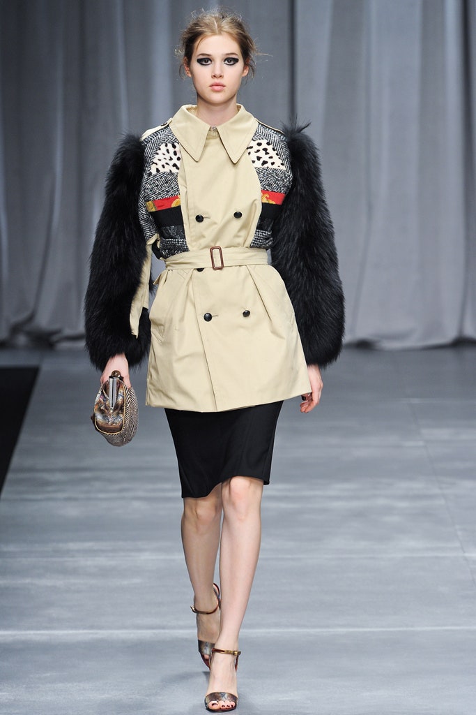 beige coat black pencil dress