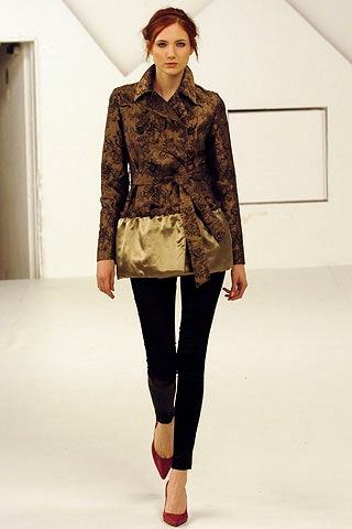 brown silk long-sleeve collared fitted buttoned flared jacket