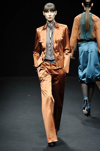 orange satin tailored suit