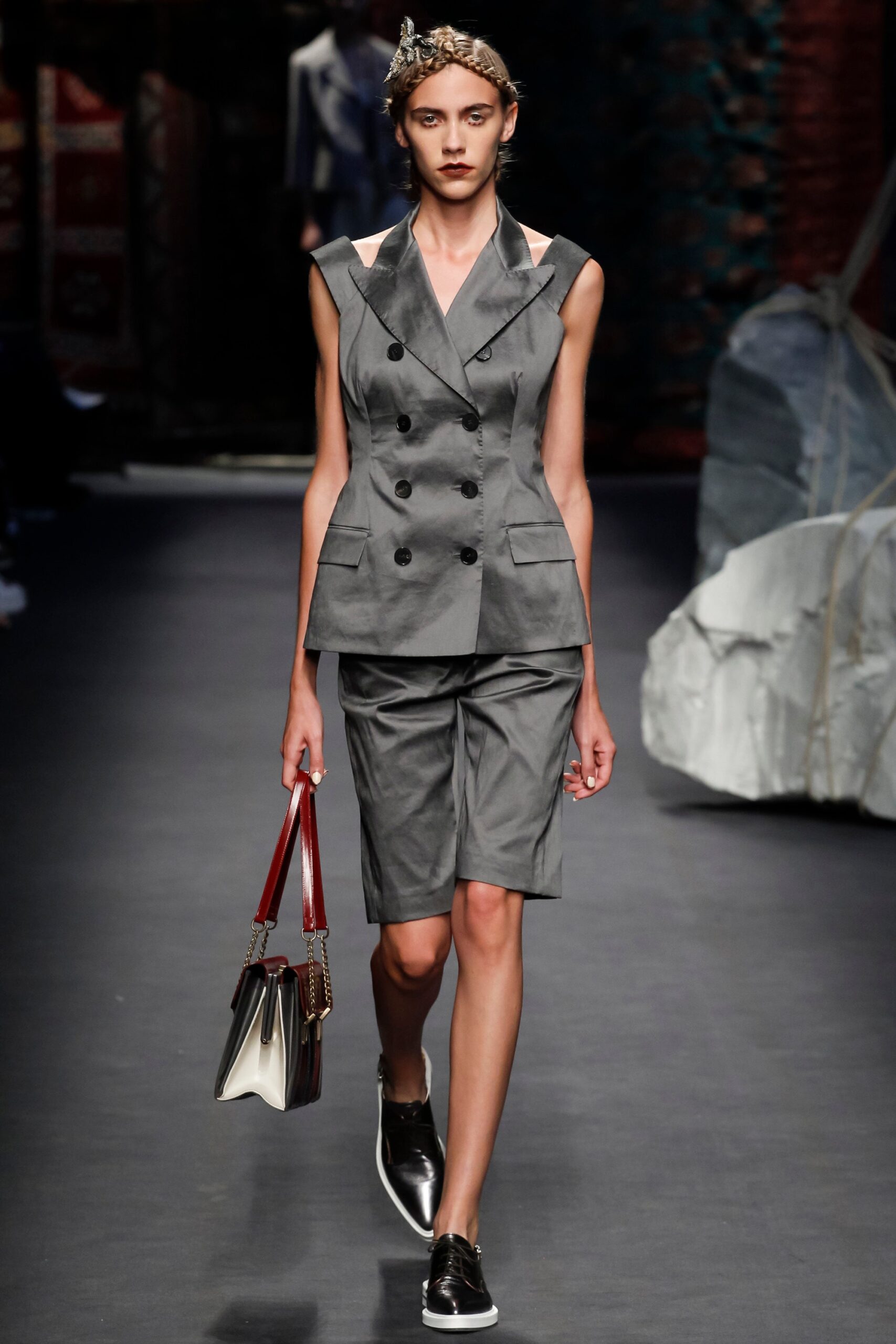 gray tailored suit with shorts