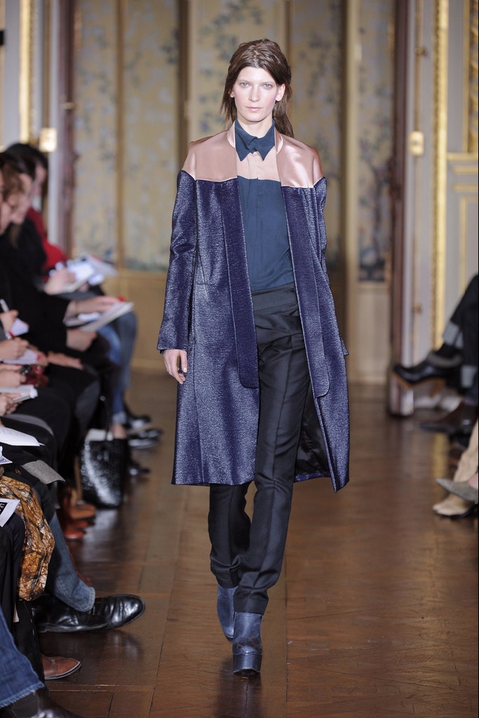 navy and beige layered coat
