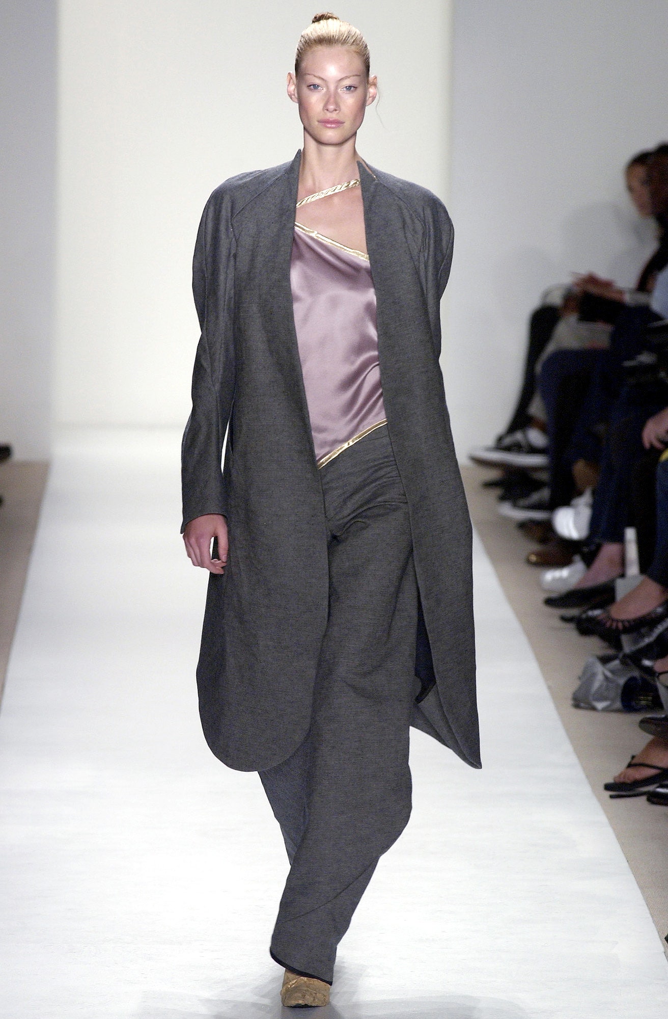 gray wool coat with pink top