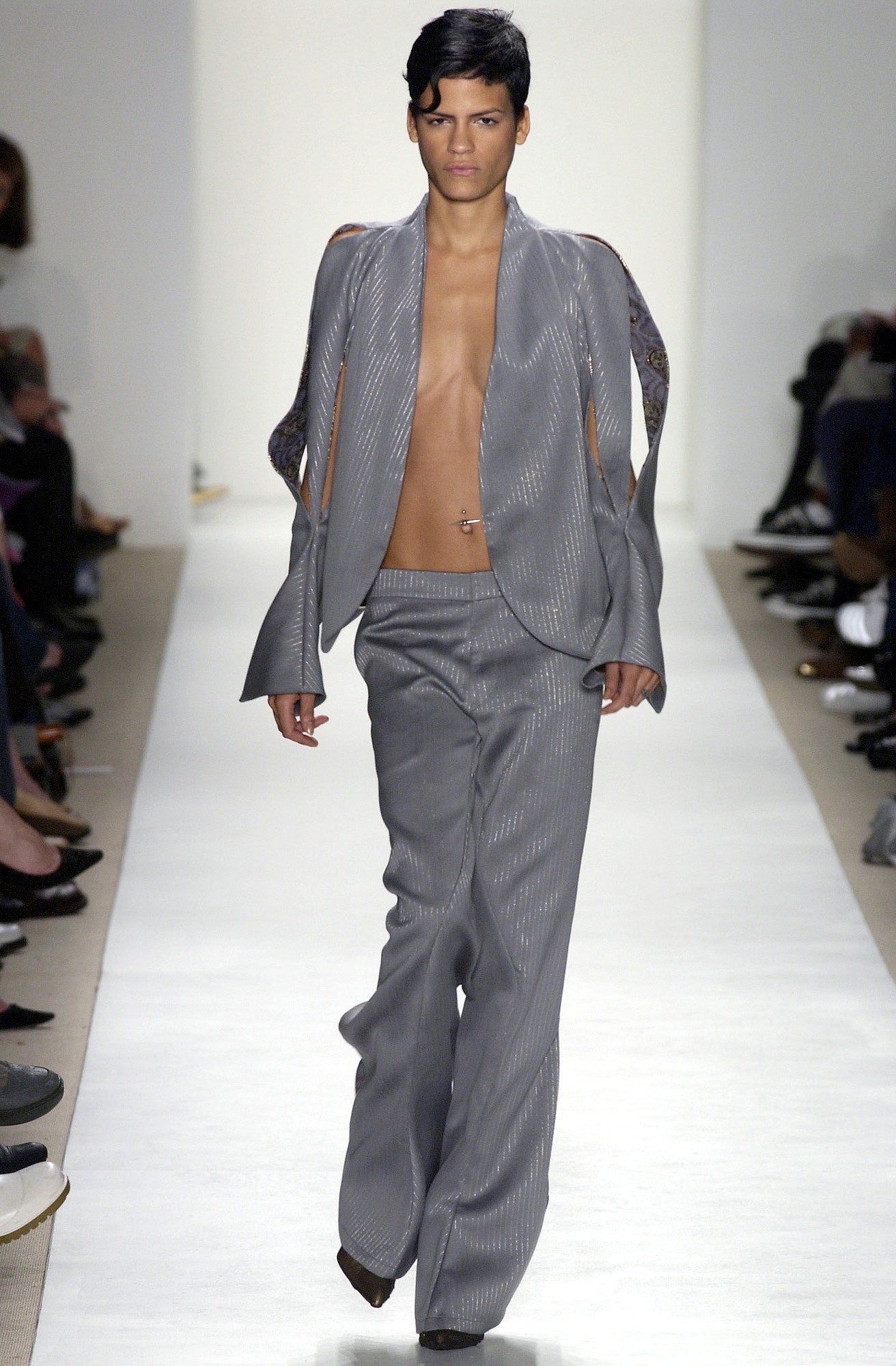 fitted gray silk blazer and pants