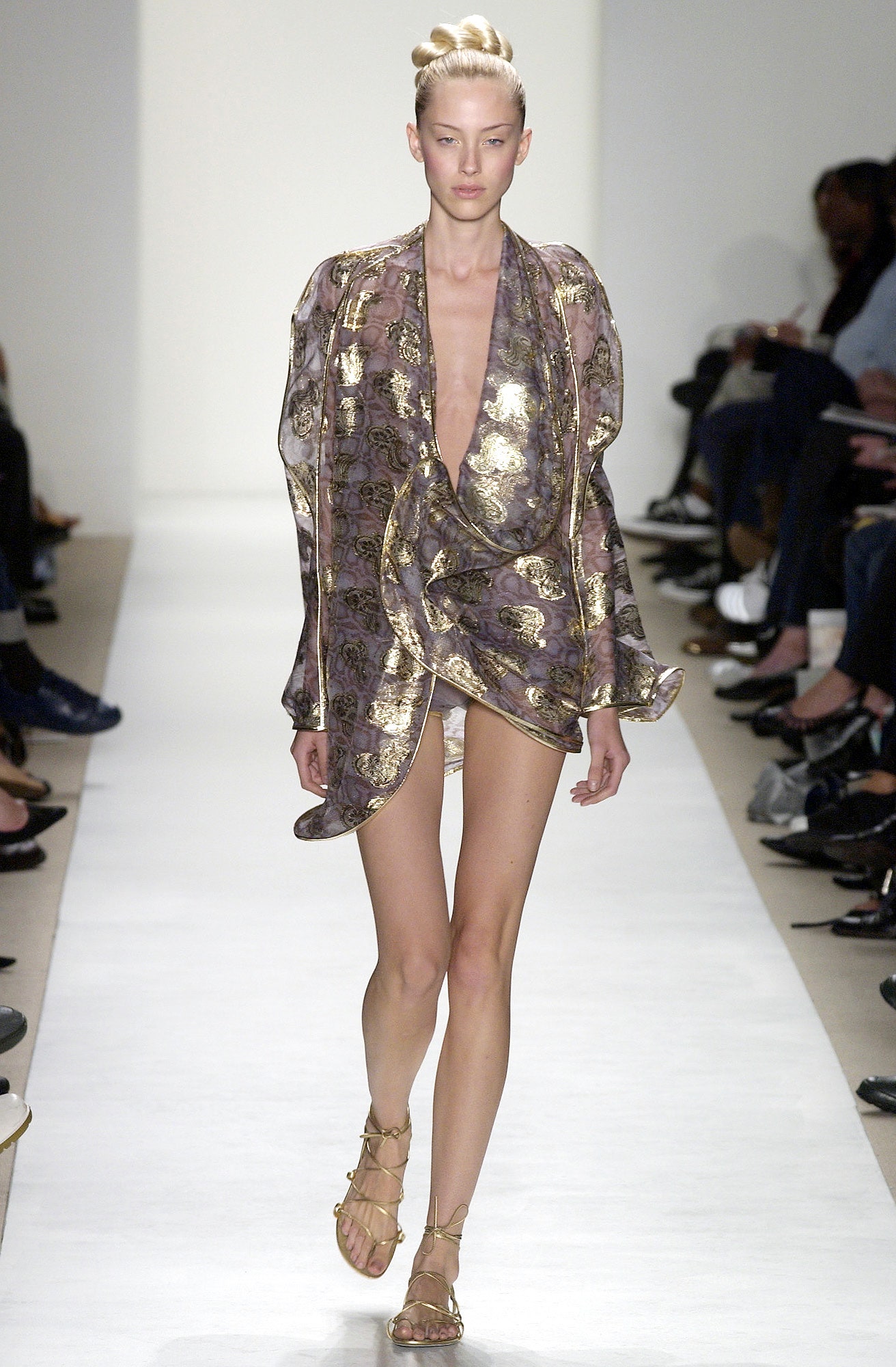 gold and purple draped mini dress