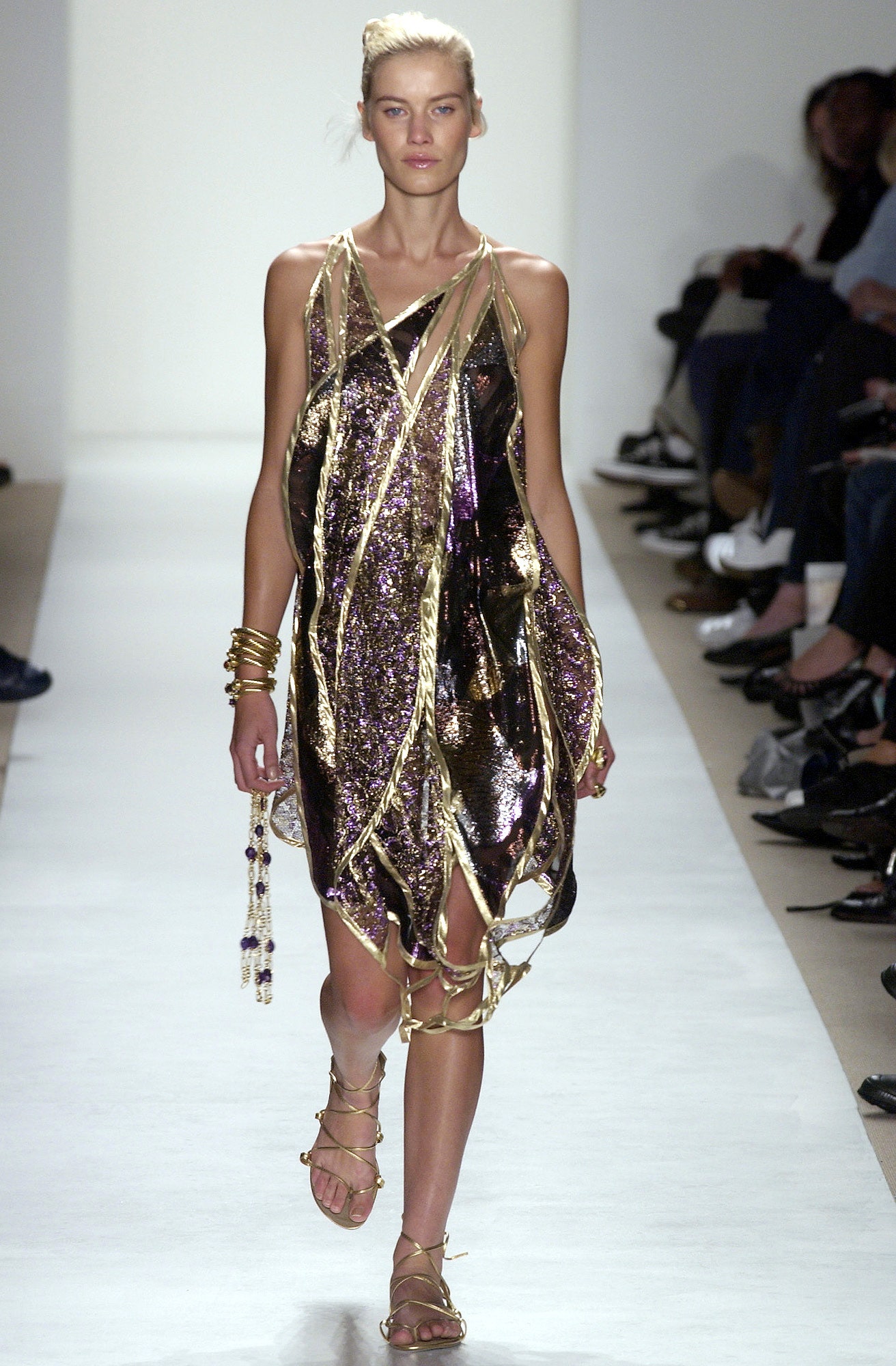 purple gold draped mini dress