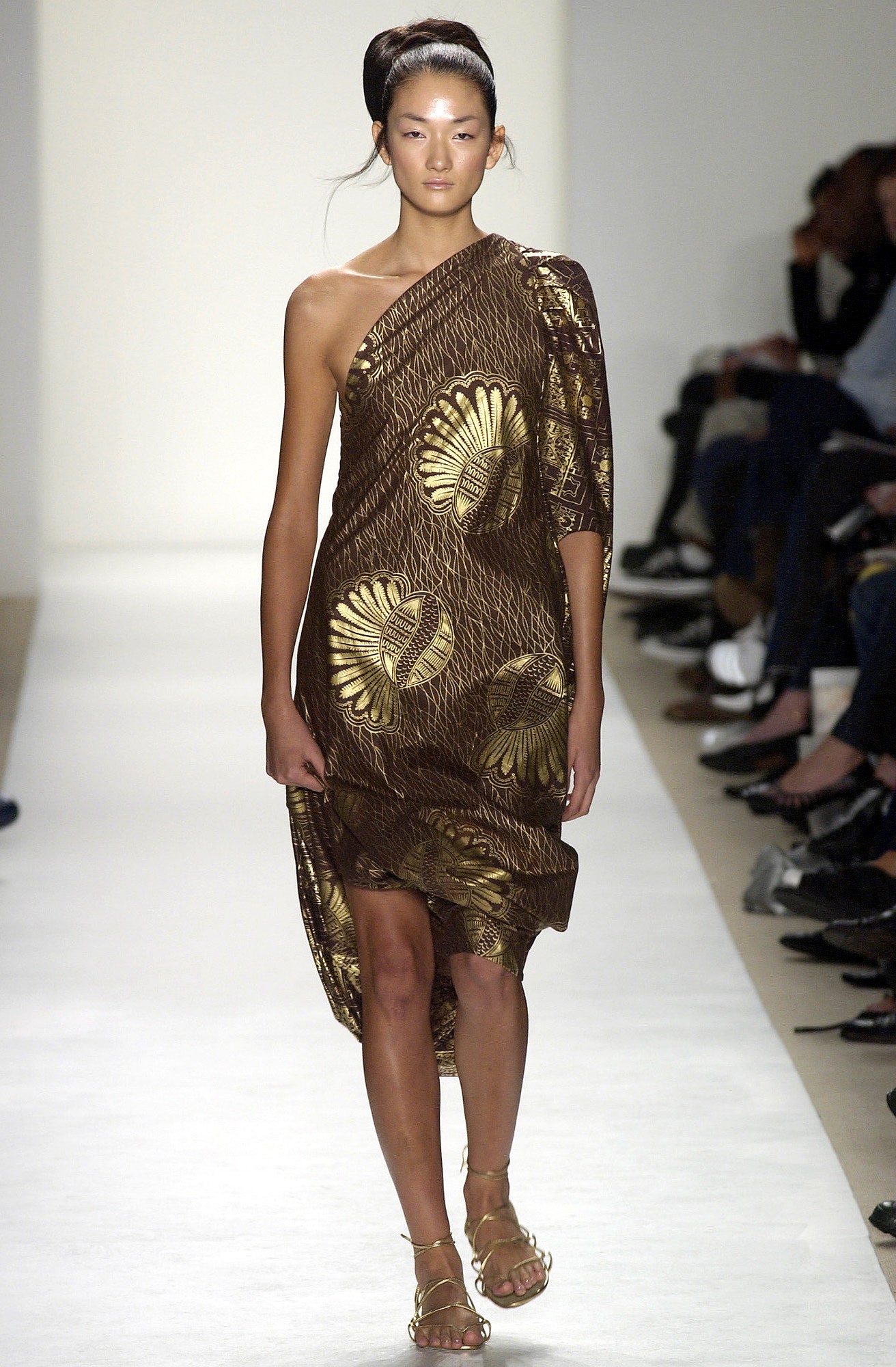 brown gold printed asymmetric dress