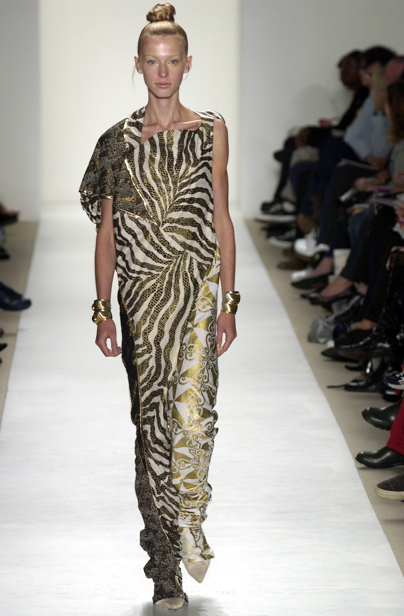 asymmetric gold and black printed dress