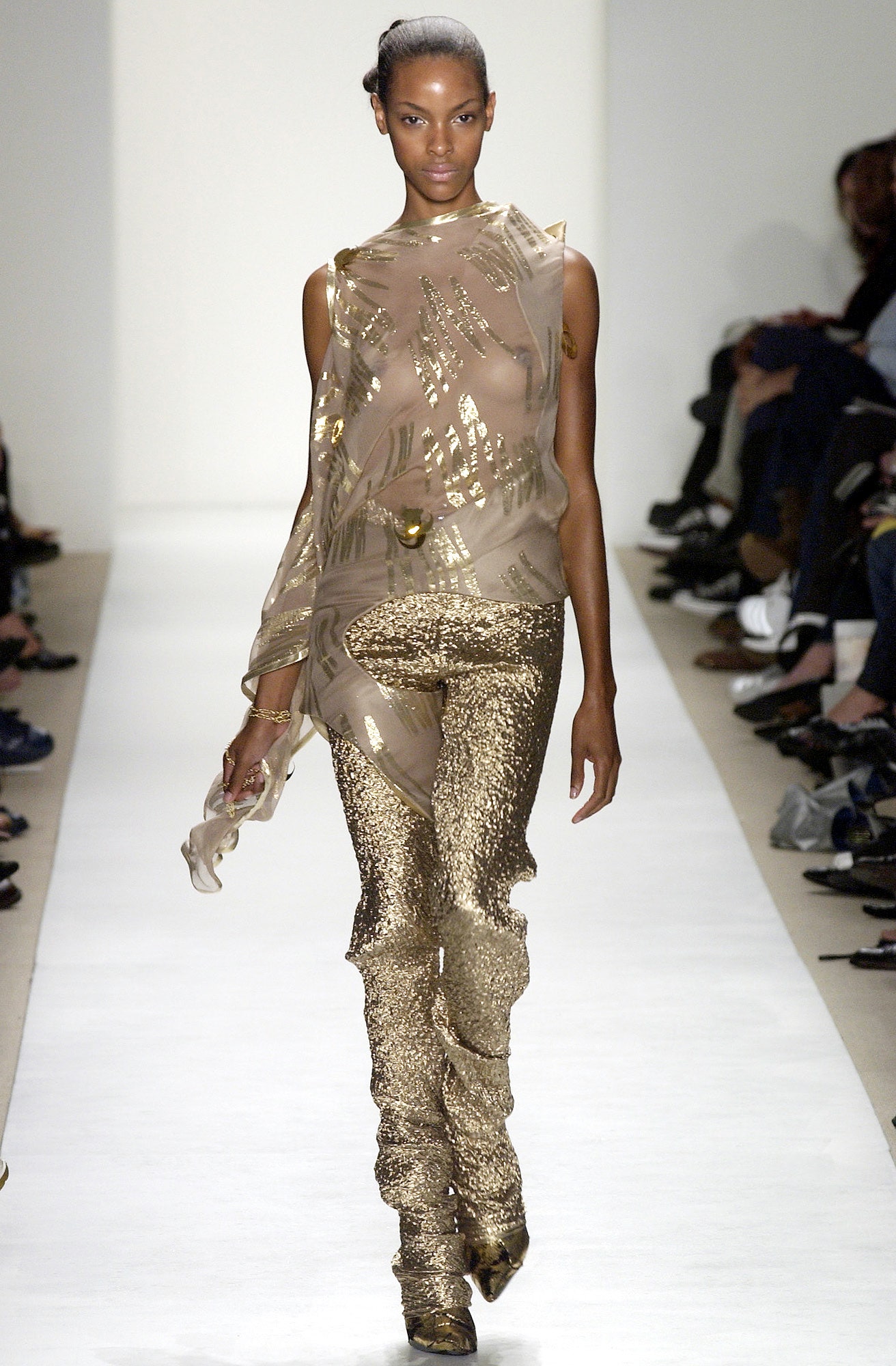 sheer gold top with sequined pants