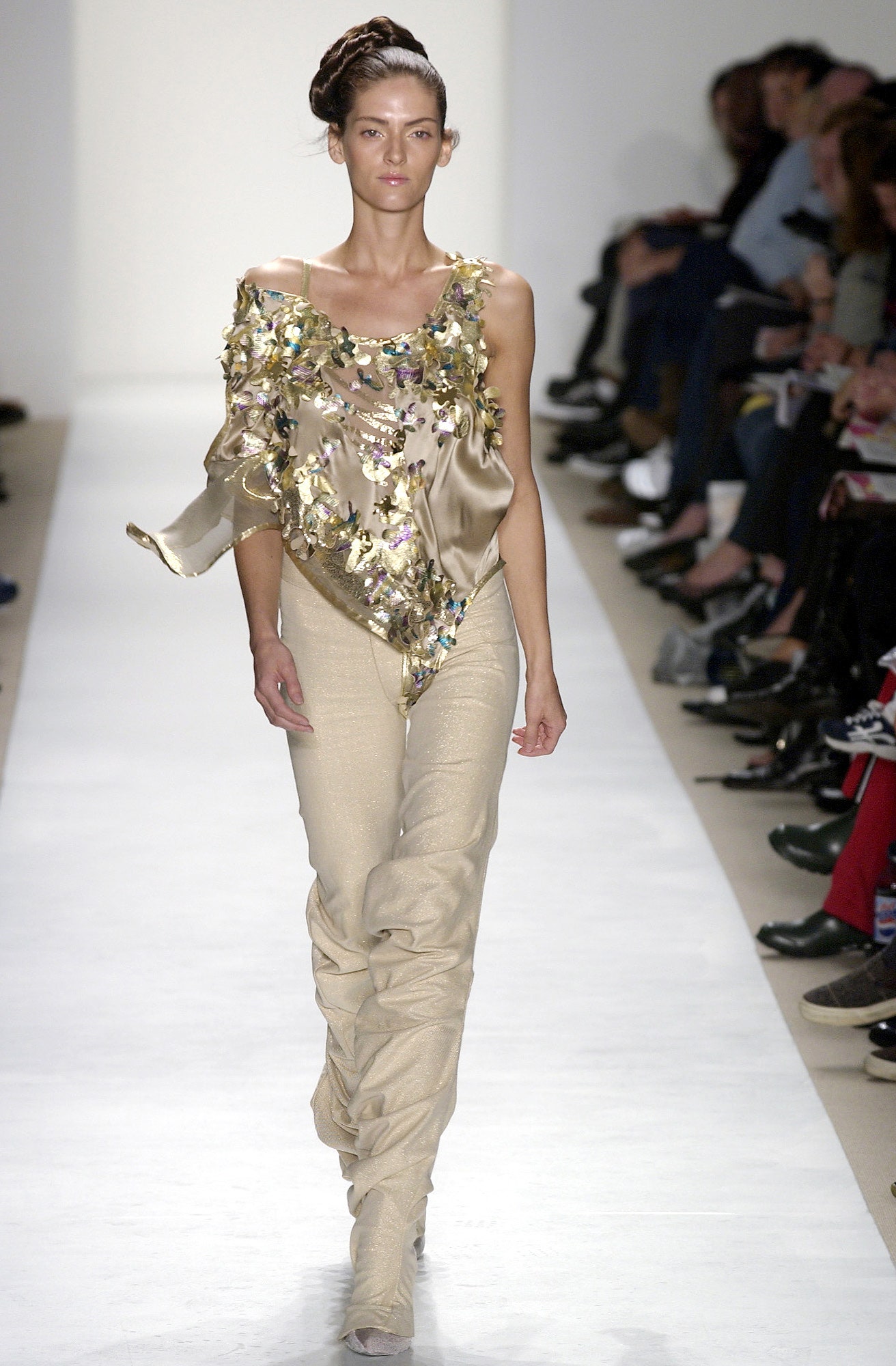 beige silk asymmetric top with embroidered details