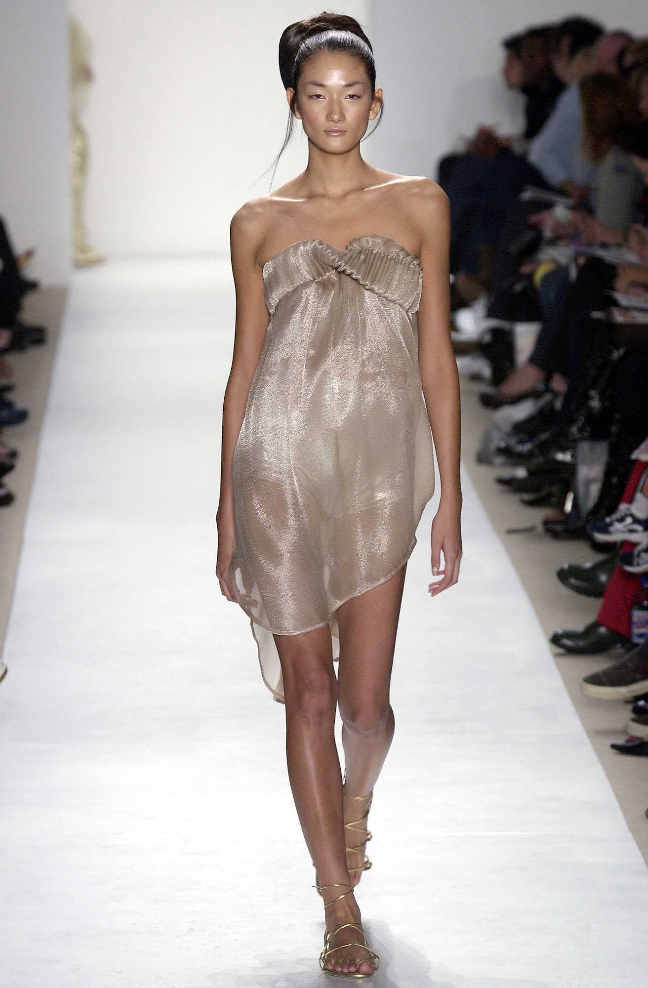 beige silk strapless dress