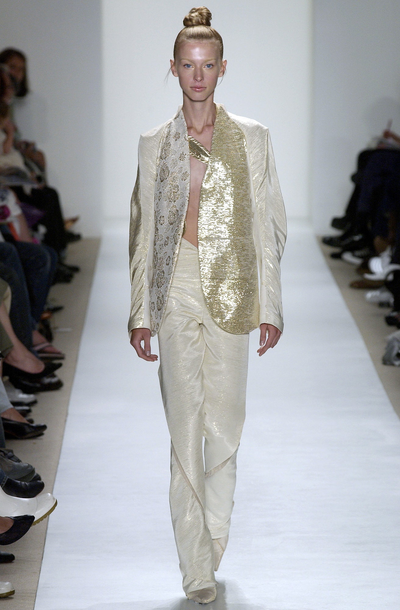 beige silk long-sleeve collared structured buttoned shiny blazer