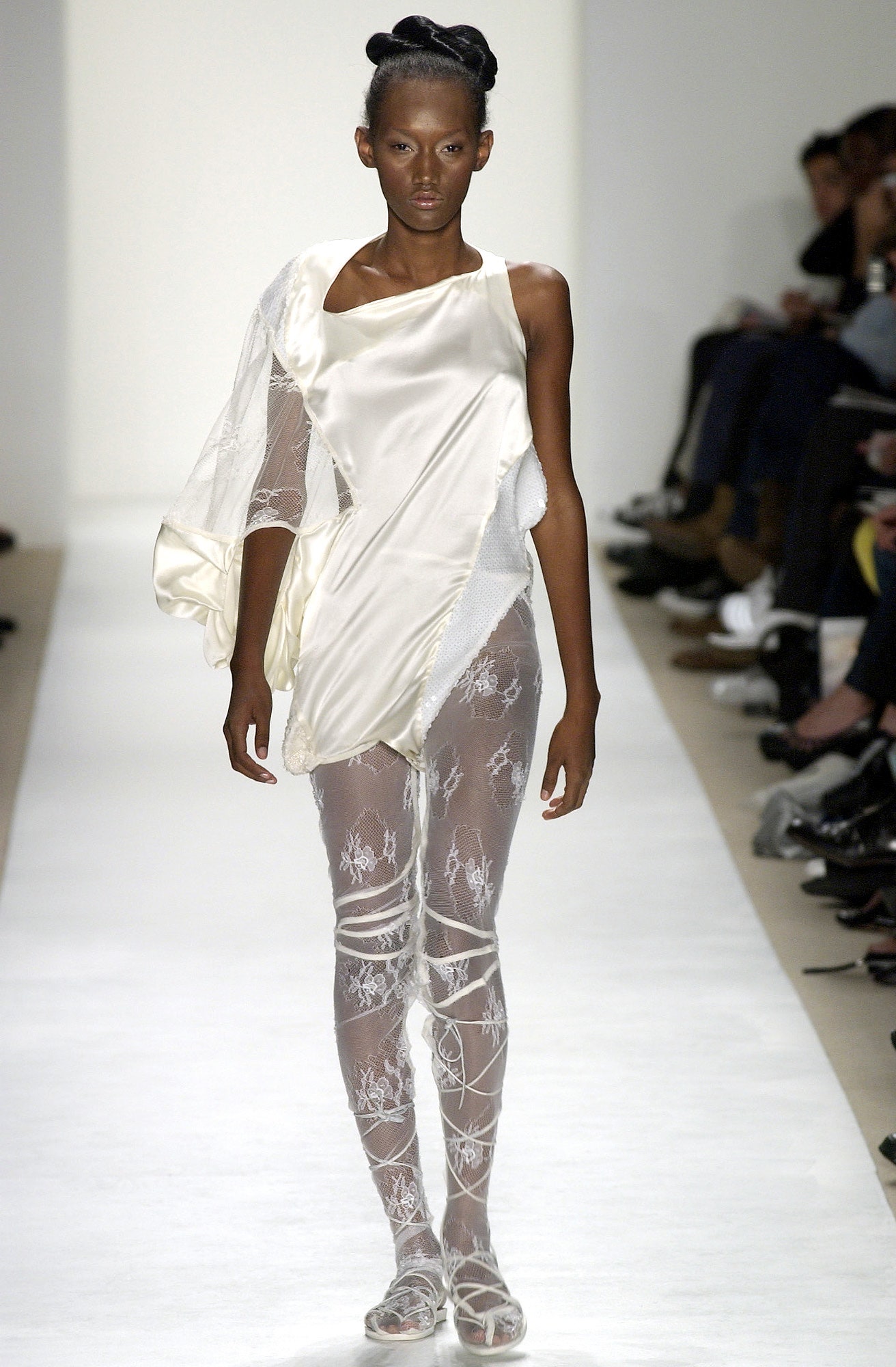 white silk asymmetric top with leggings