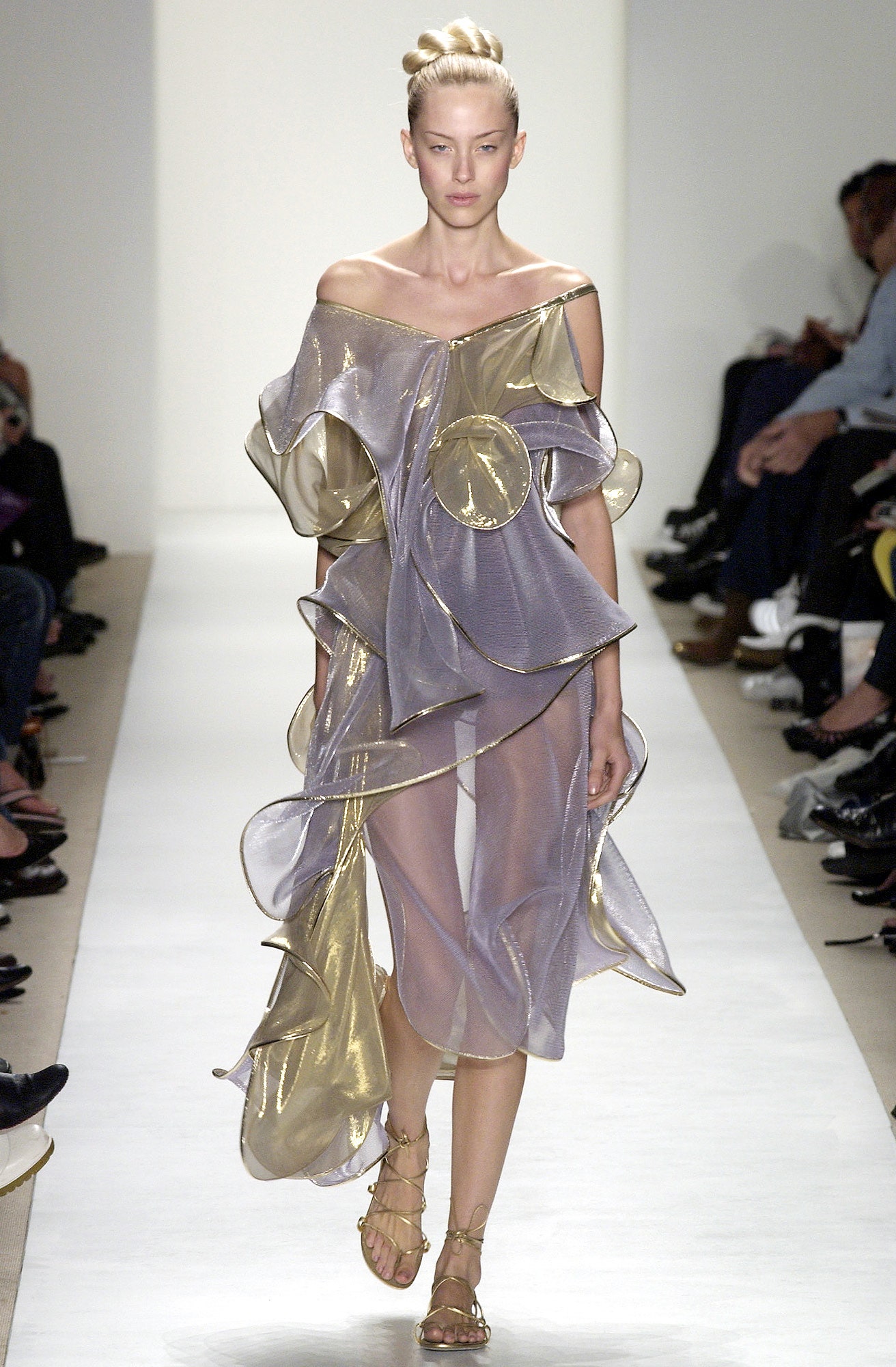 purple gold off-shoulder dress