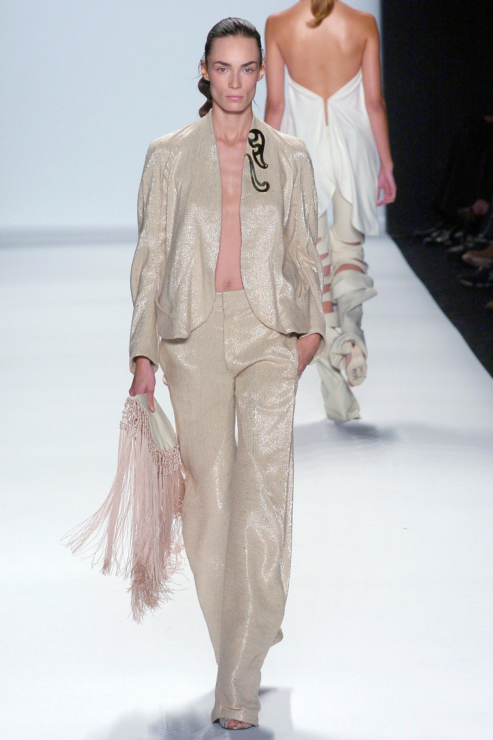 beige silk relaxed blazer and pants